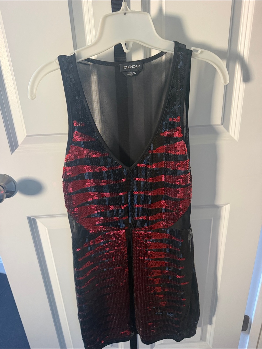 bebe Black Mesh Dress with Red Sequin Stripe Accents